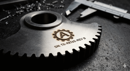 Close-up of precision metal engraving on an industrial part, showing permanent laser-etched numbering and branding
