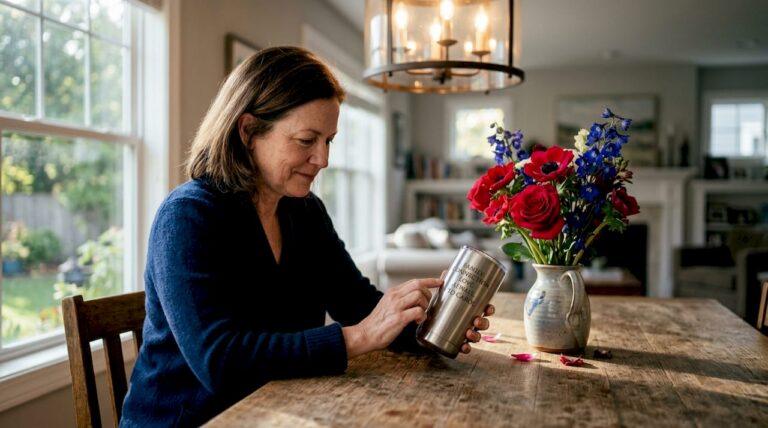 Woman appreciating engraved stainless steel tumbler gift