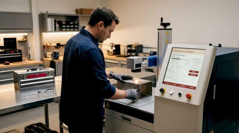 Technician laser engraving metal company equipment