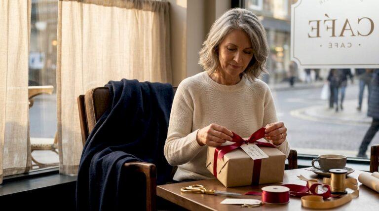 Woman wrapping personalized gift in cozy living room