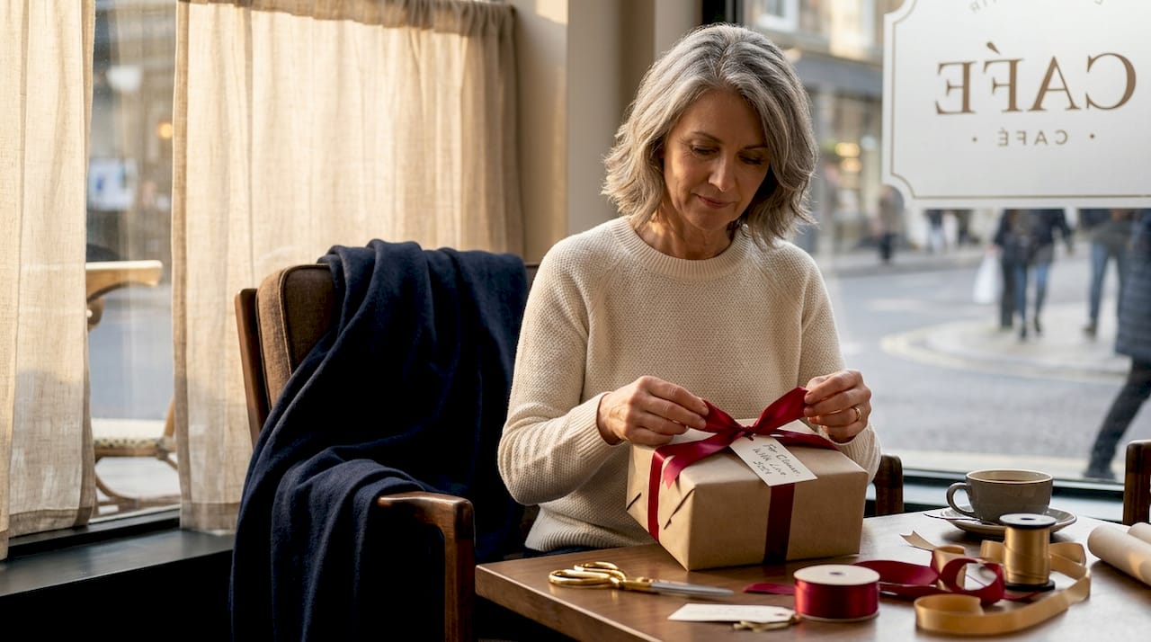 Woman wrapping personalized gift in cozy living room