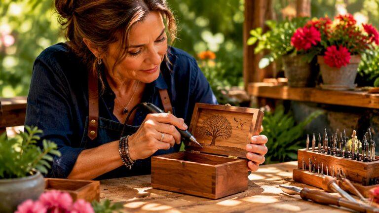 Artisan engraving a wooden keepsake box indoors