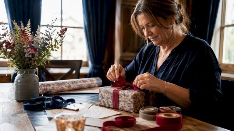Woman tying ribbon on thoughtful gift box