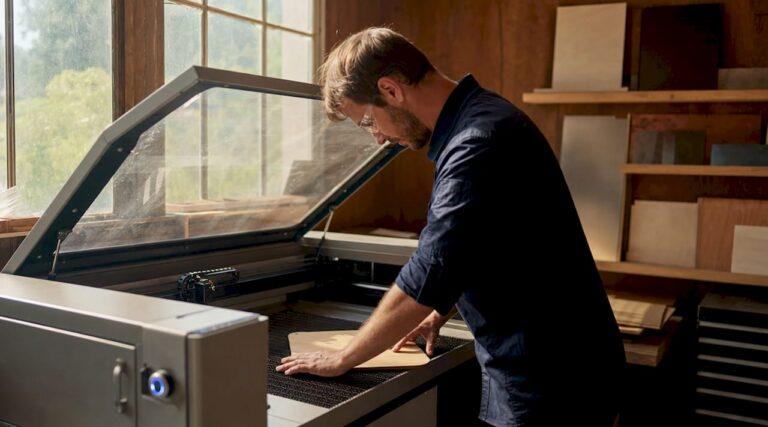 Technician setting up laser engraving machine
