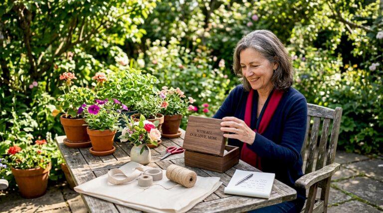 Woman examining engraved wooden gift box