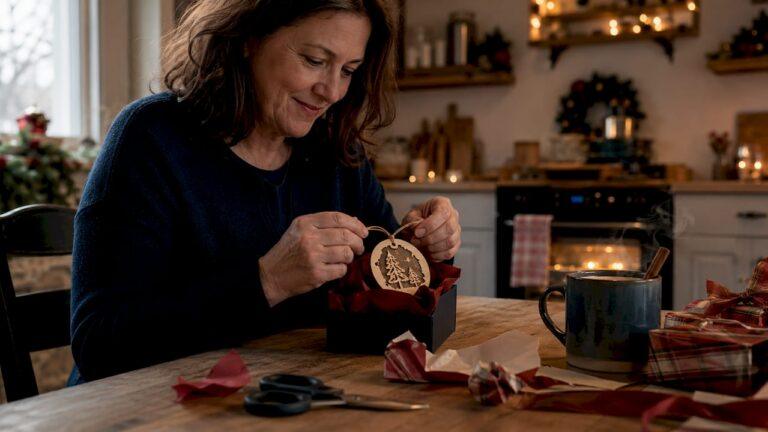 Woman unwrapping personalized Christmas gift