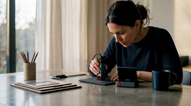 Woman operating laser engraving machine on wood plaque