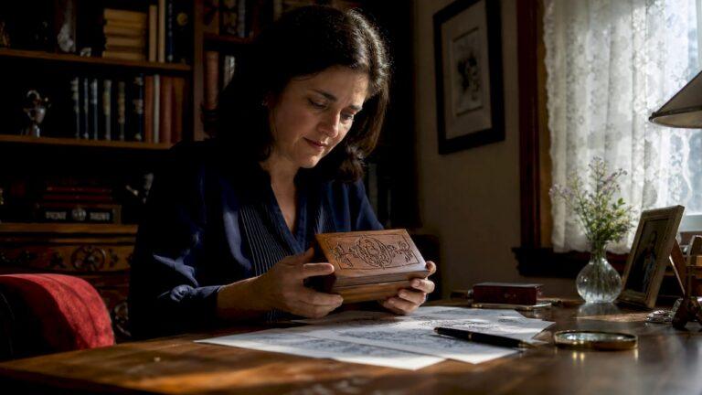 Woman inspecting engraved gift box at home