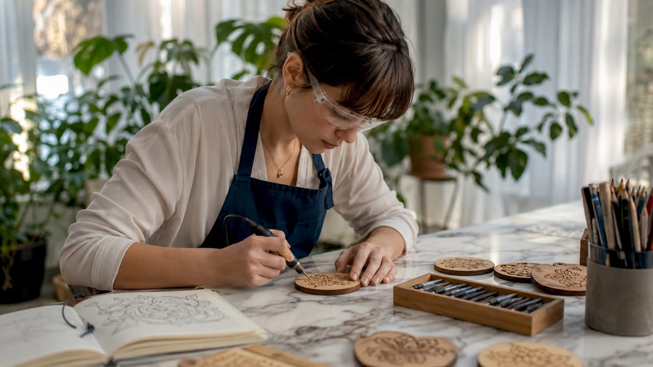 Woman engraving wooden coaster at craft table