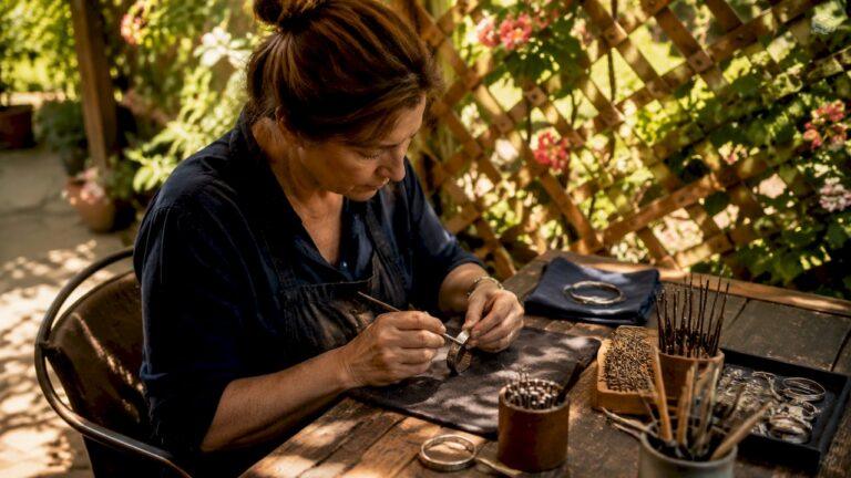 Artisan engraving a silver bracelet closely