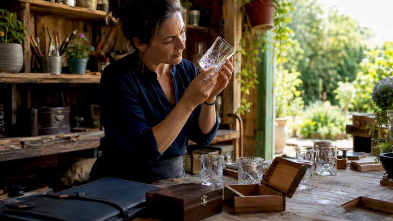 Artisan inspecting engraved glass keepsake