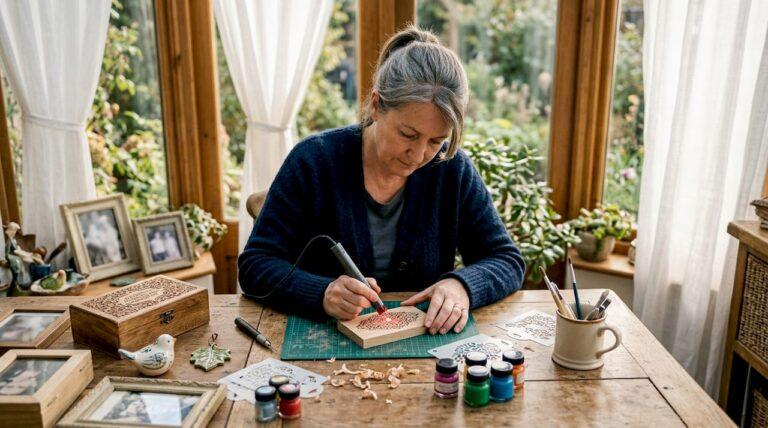 Woman engraving personalized wooden keepsake