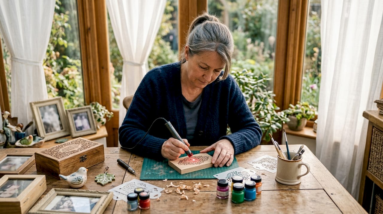 Woman engraving personalized wooden keepsake