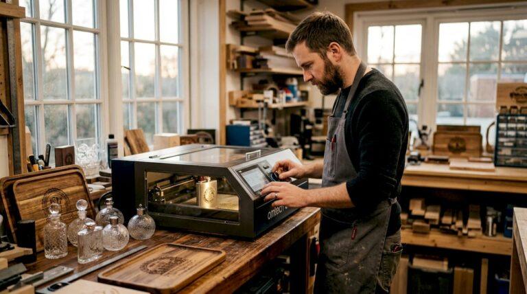 Artisan operating laser engraving machine in workshop