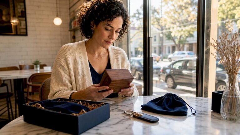 Woman examining personalized engraved gift box at home