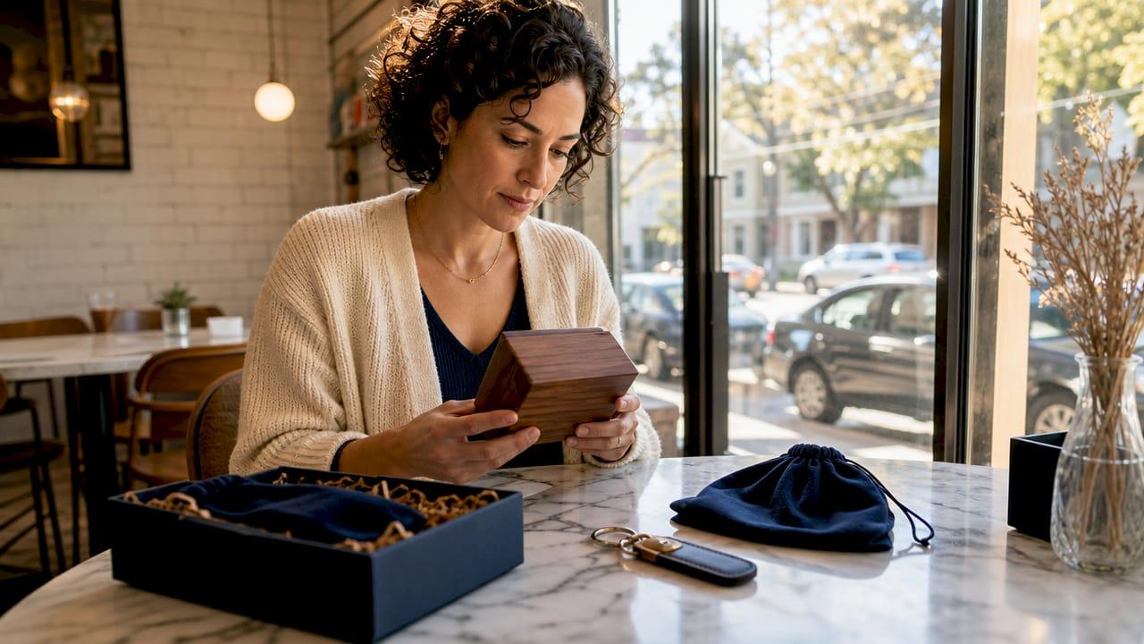 Woman examining personalized engraved gift box at home
