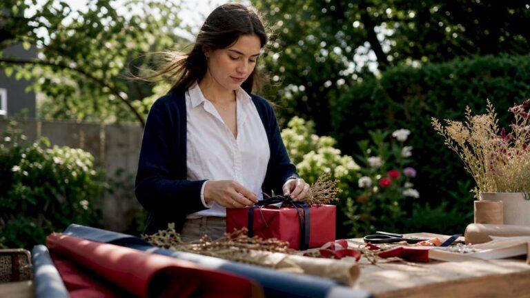 Woman wrapping personalized gift at home desk
