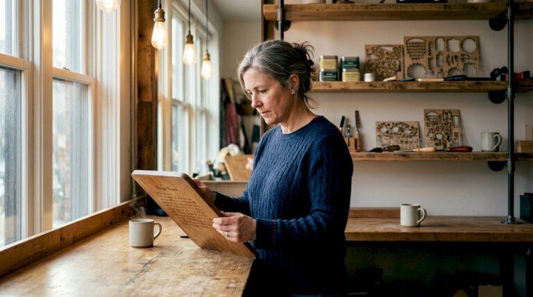 Woman examining personalized wooden recipe board