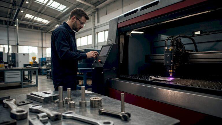 Technician operating laser engraving machine on tools