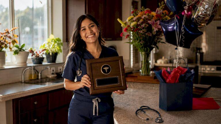 Medical assistant graduate holding personalized plaque