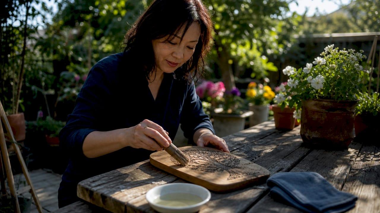 Woman gently cleaning laser engraved wood plaque