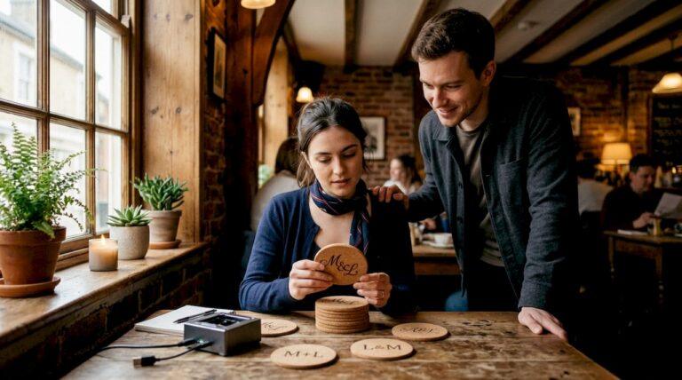 Couple reviewing custom engraved cork coasters in workshop
