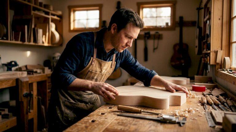 Luthier inspecting personalized guitar wood blank