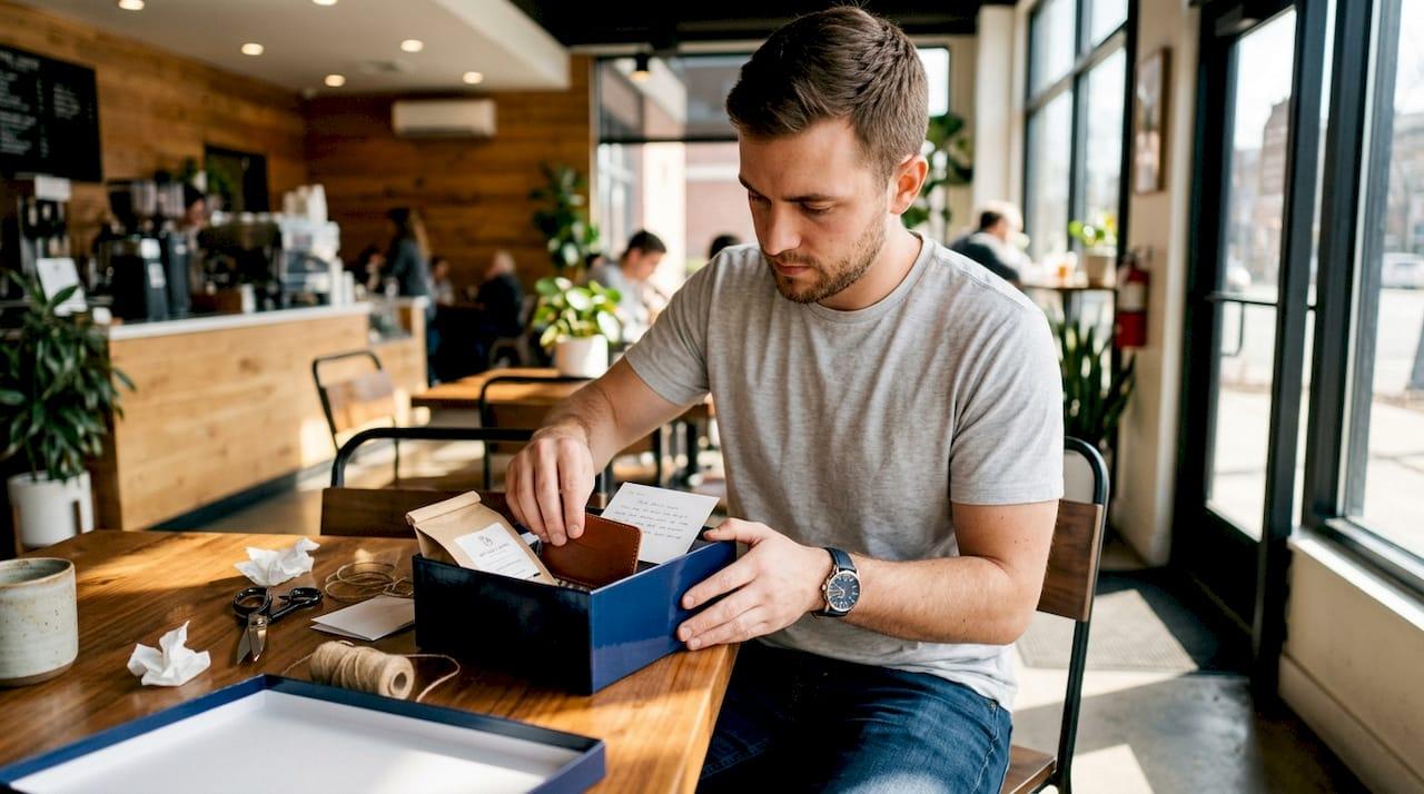 Man assembling personalized groomsmen gift box