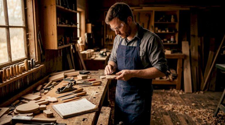 Craftsman sanding wooden soldier silhouette