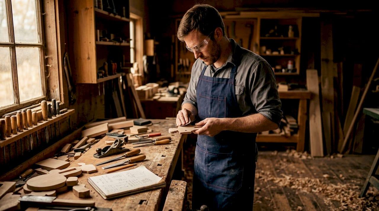 Craftsman sanding wooden soldier silhouette