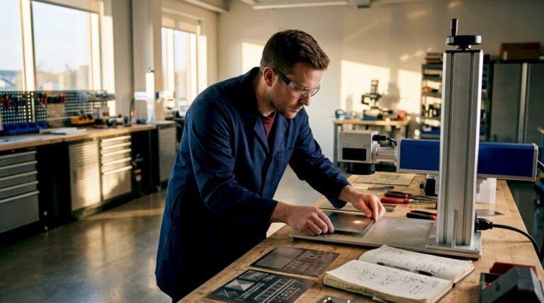 Technician adjusting laser engraving machine