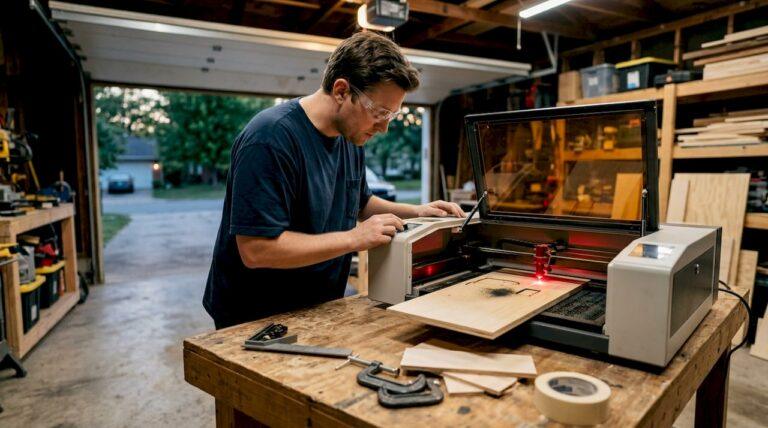 Hobbyist operating laser cutter on plywood sheet