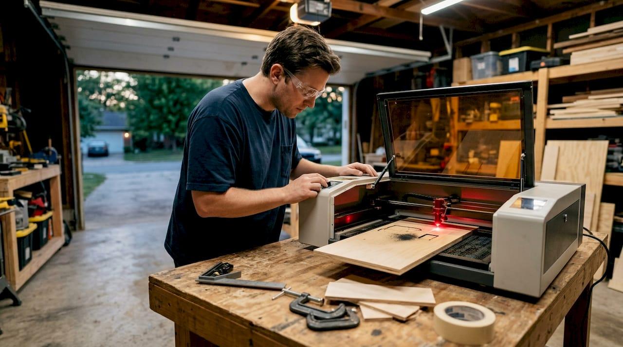 Hobbyist operating laser cutter on plywood sheet
