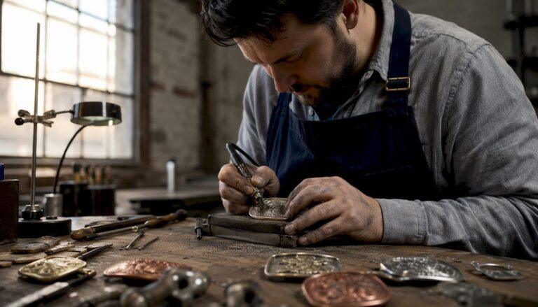Artisan engraving custom belt buckle in workshop