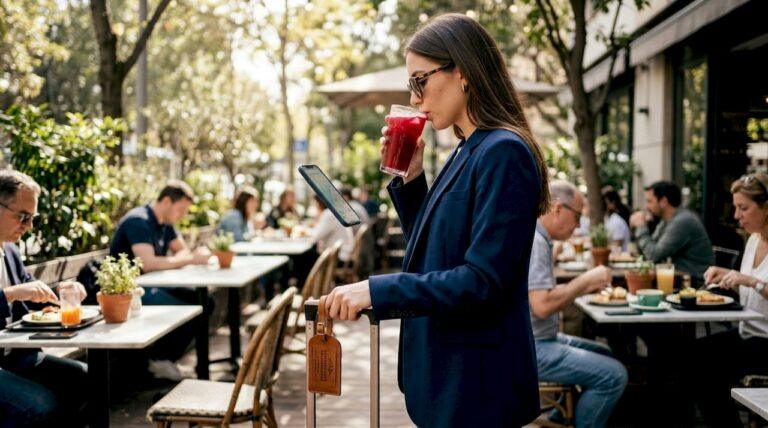 Traveler with stylish engraved luggage tag at airport