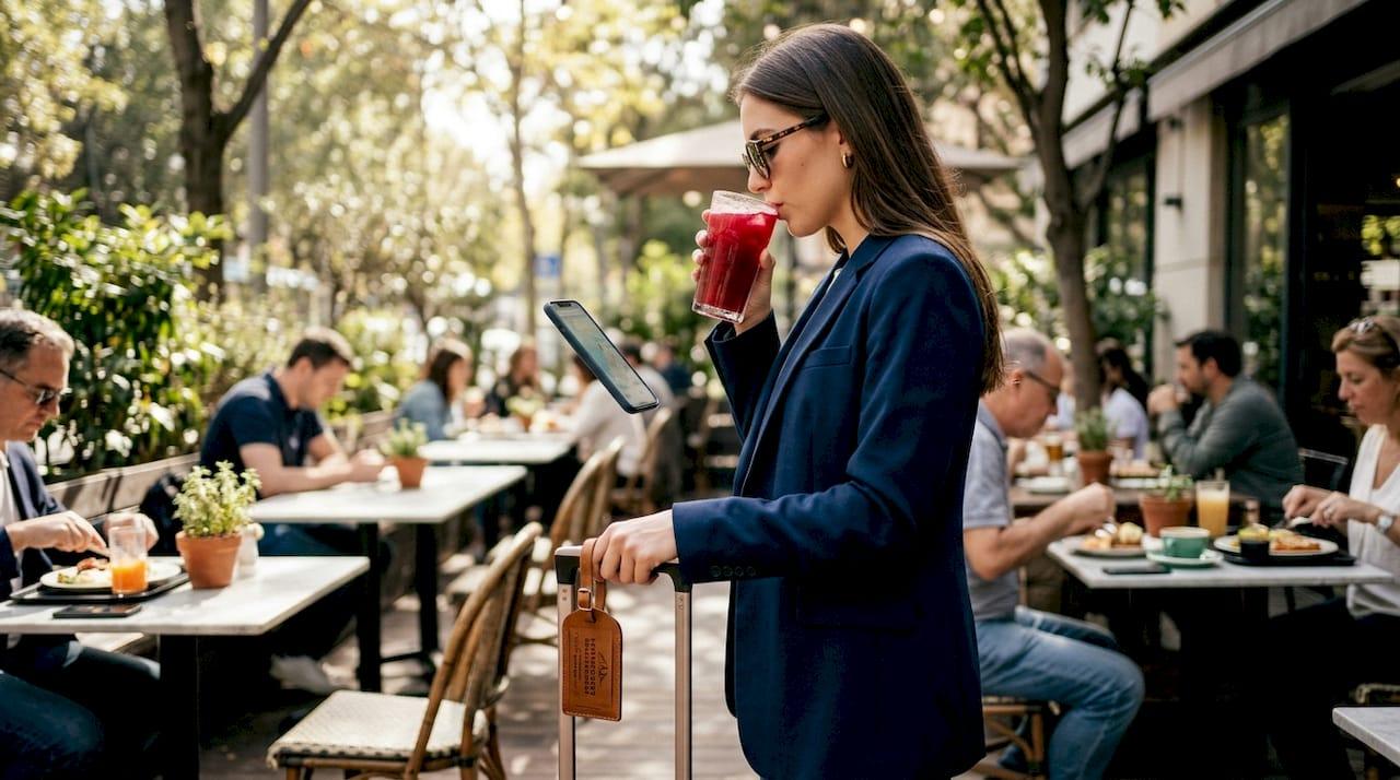 Traveler with stylish engraved luggage tag at airport