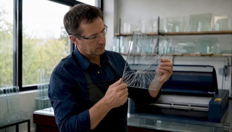 Technician inspecting fractured glass laser engraving