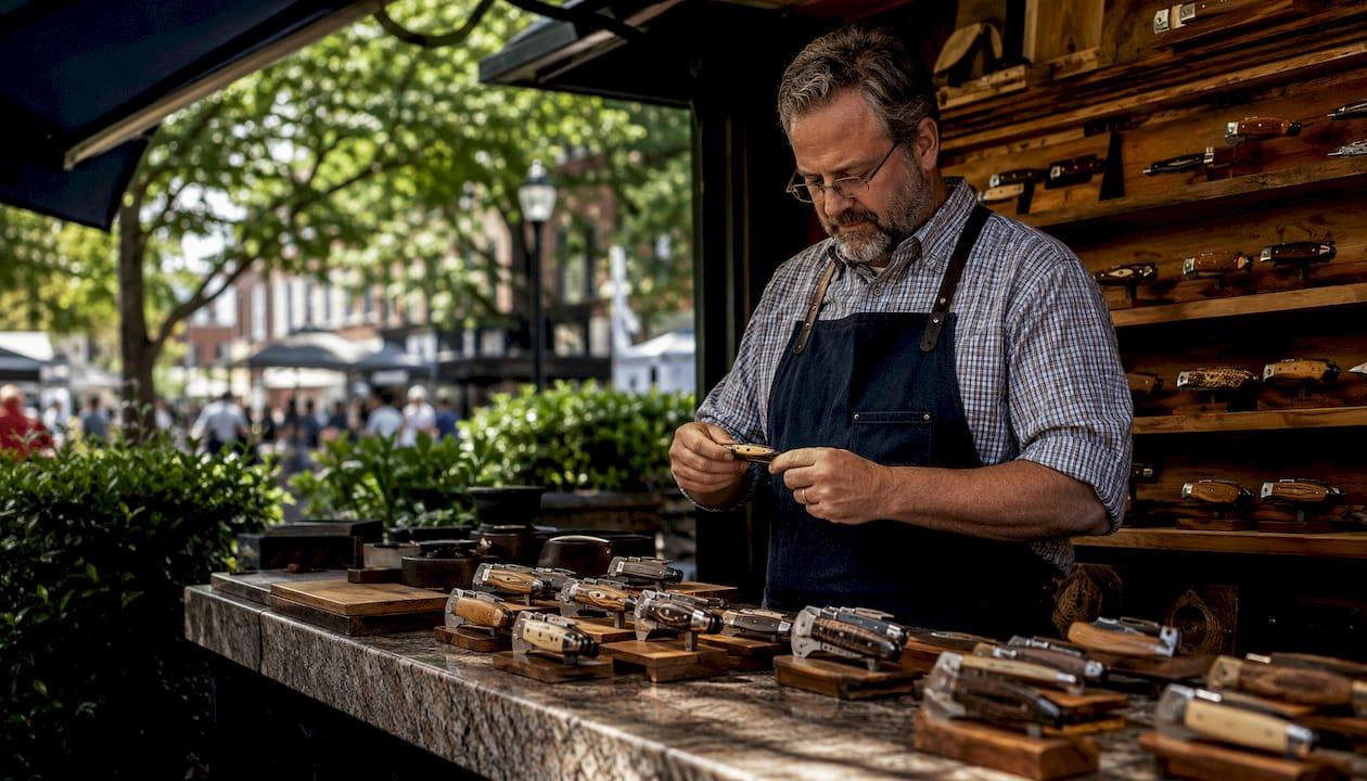 Craftsman adjusting pocket knife in Auburn shop