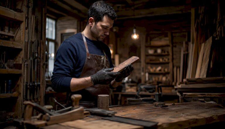 Craftsman examining laser-engraved wood blank at workbench