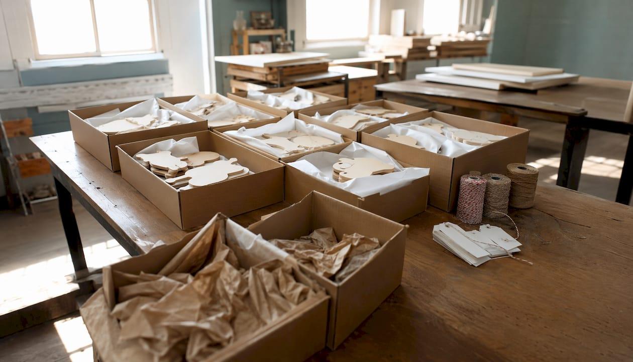 Bulk unfinished wood cutouts packed in boxes for shipping