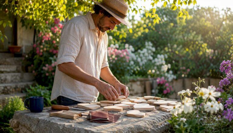 Craftsperson arranging unfinished wood cutouts on bench