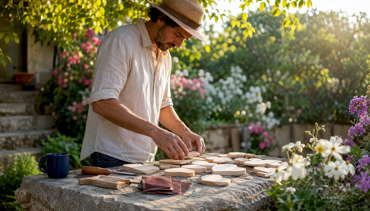 Craftsperson arranging unfinished wood cutouts on bench