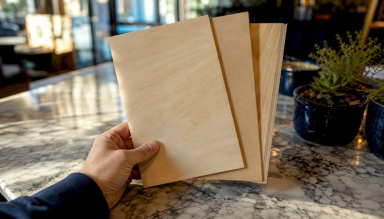 Hand holding different wood material samples