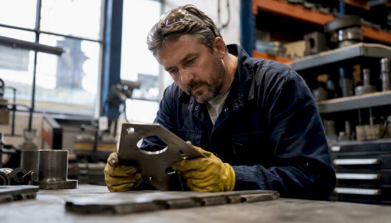 Engineer inspecting laser-marked steel component
