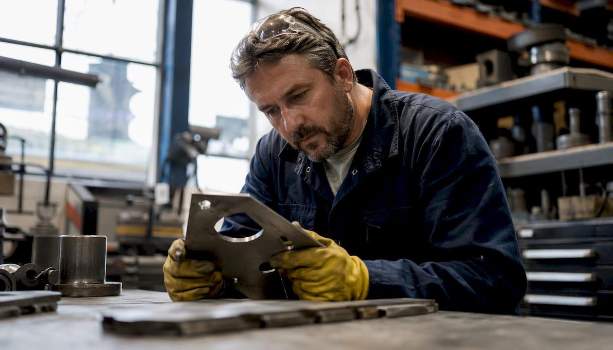 Engineer inspecting laser-marked steel component
