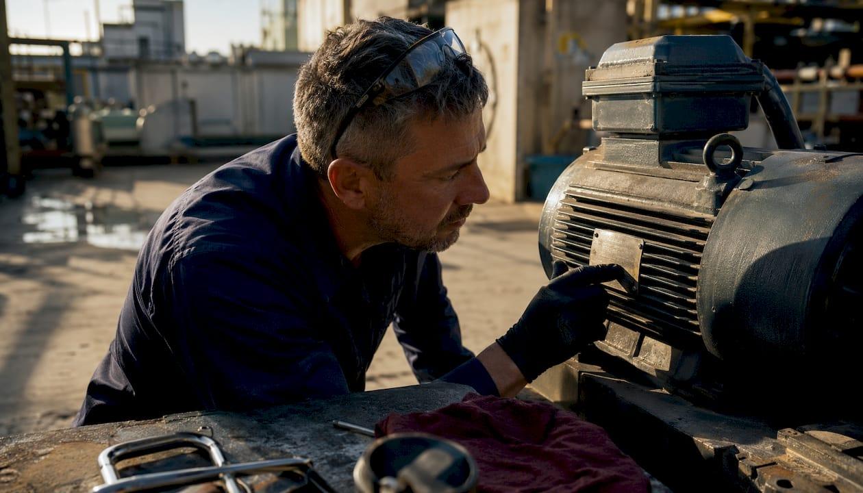 Technician inspecting commercial equipment nameplate