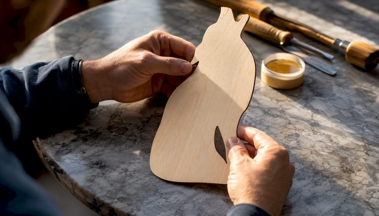 Hands holding laser-cut DC wood silhouette close-up