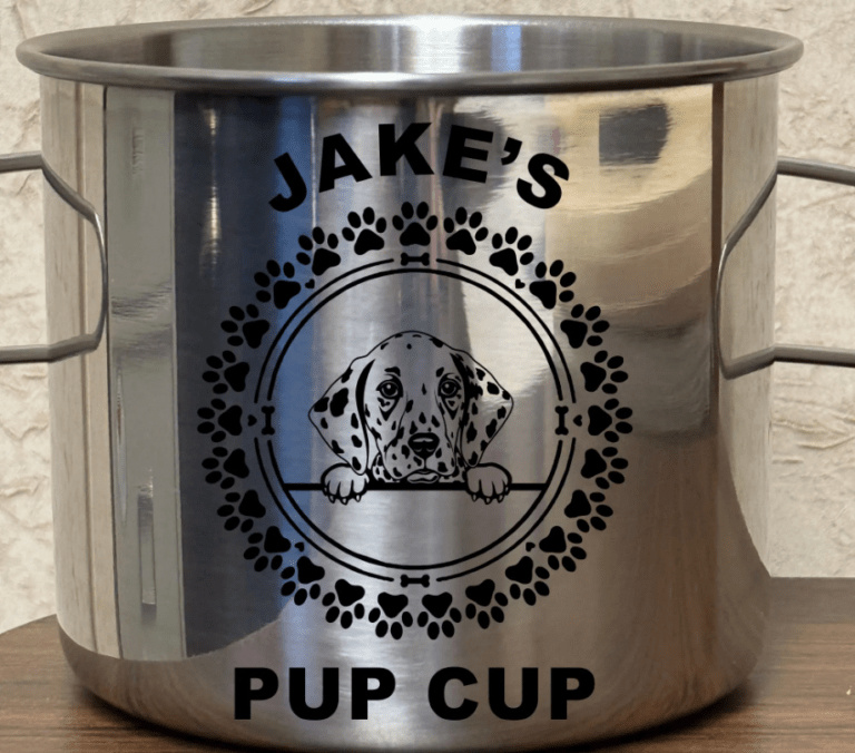 Engraved stainless steel Dalmatian pup cup personalized with dog's name, a firefighter-themed gift mug