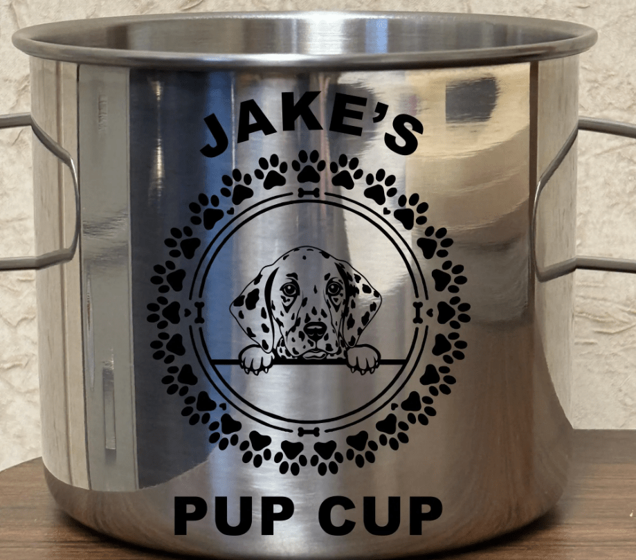 Engraved stainless steel Dalmatian pup cup personalized with dog's name, a firefighter-themed gift mug