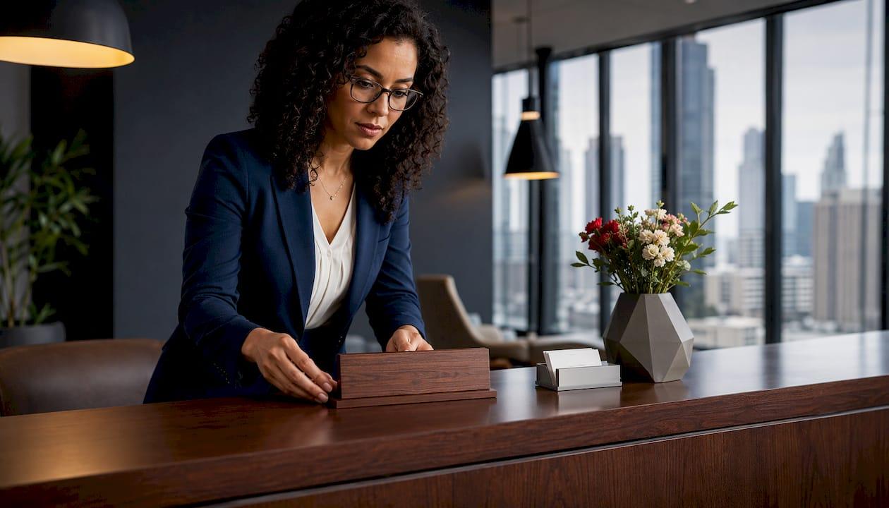 Woman arranging laser-engraved check-in sign on desk